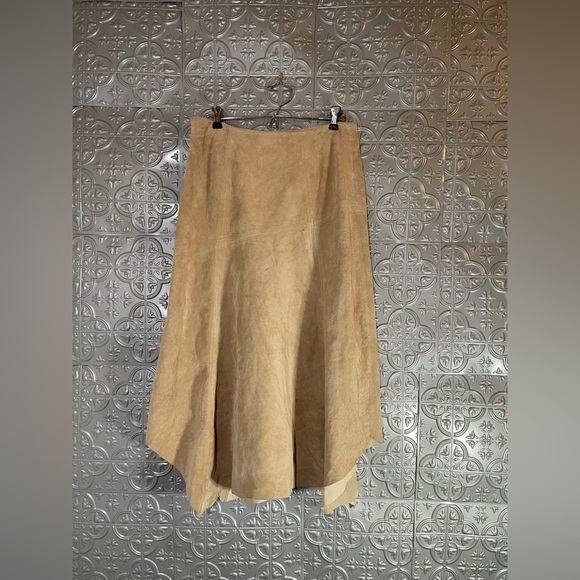 I.e. Tan Leather Suede A-Line Handkerchef Midi Festival Skirt Hippie Bohemian - Picture 3 of 5